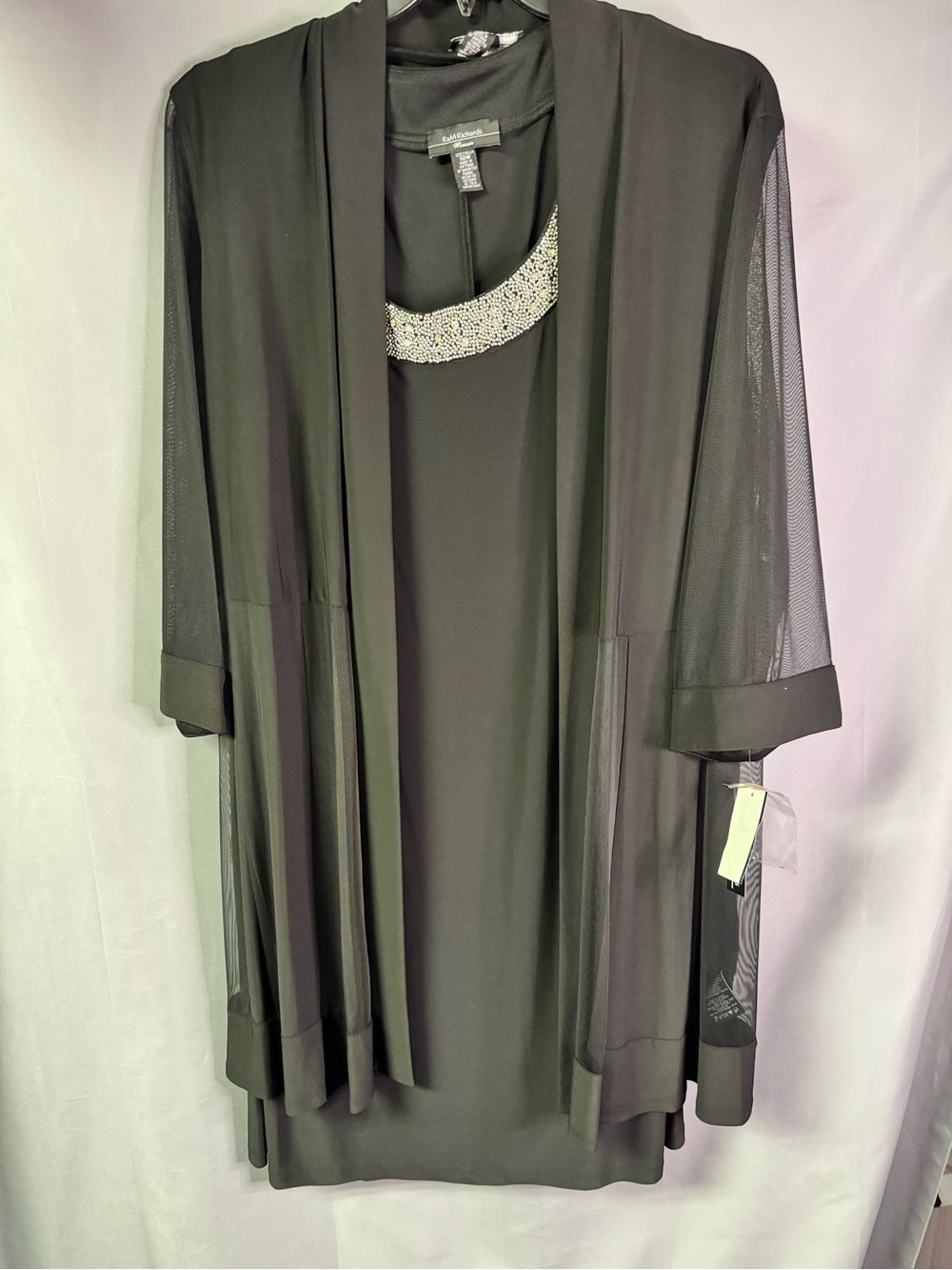 Le Bos Black Mesh Sleeve Evening Dress with Embellished Neckline